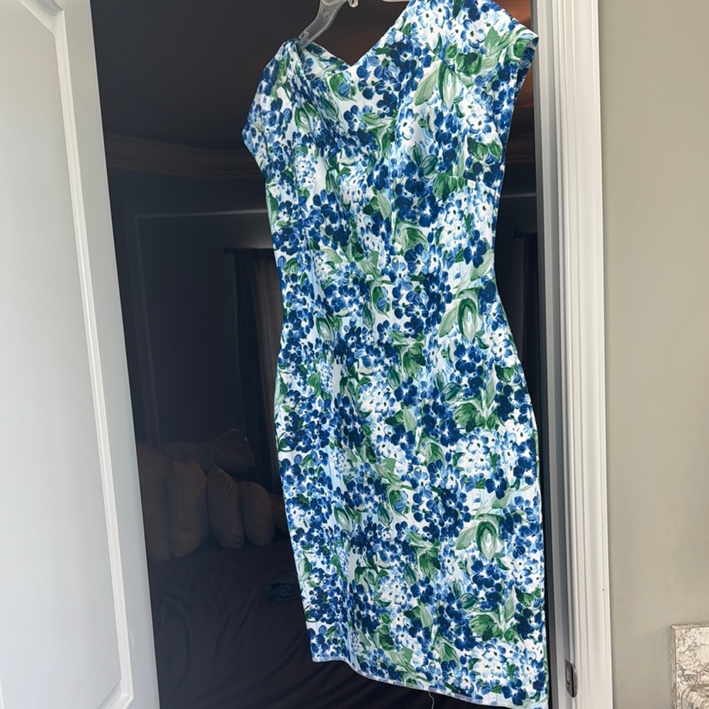 Tommy Hilfiger Blue Floral Sheath Dress Size 14 Midi Work Wedding Guest Stretch - Picture 7 of 8